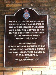 The memorial plaque on the railway bridge at Nimy on the outskirts of Mons